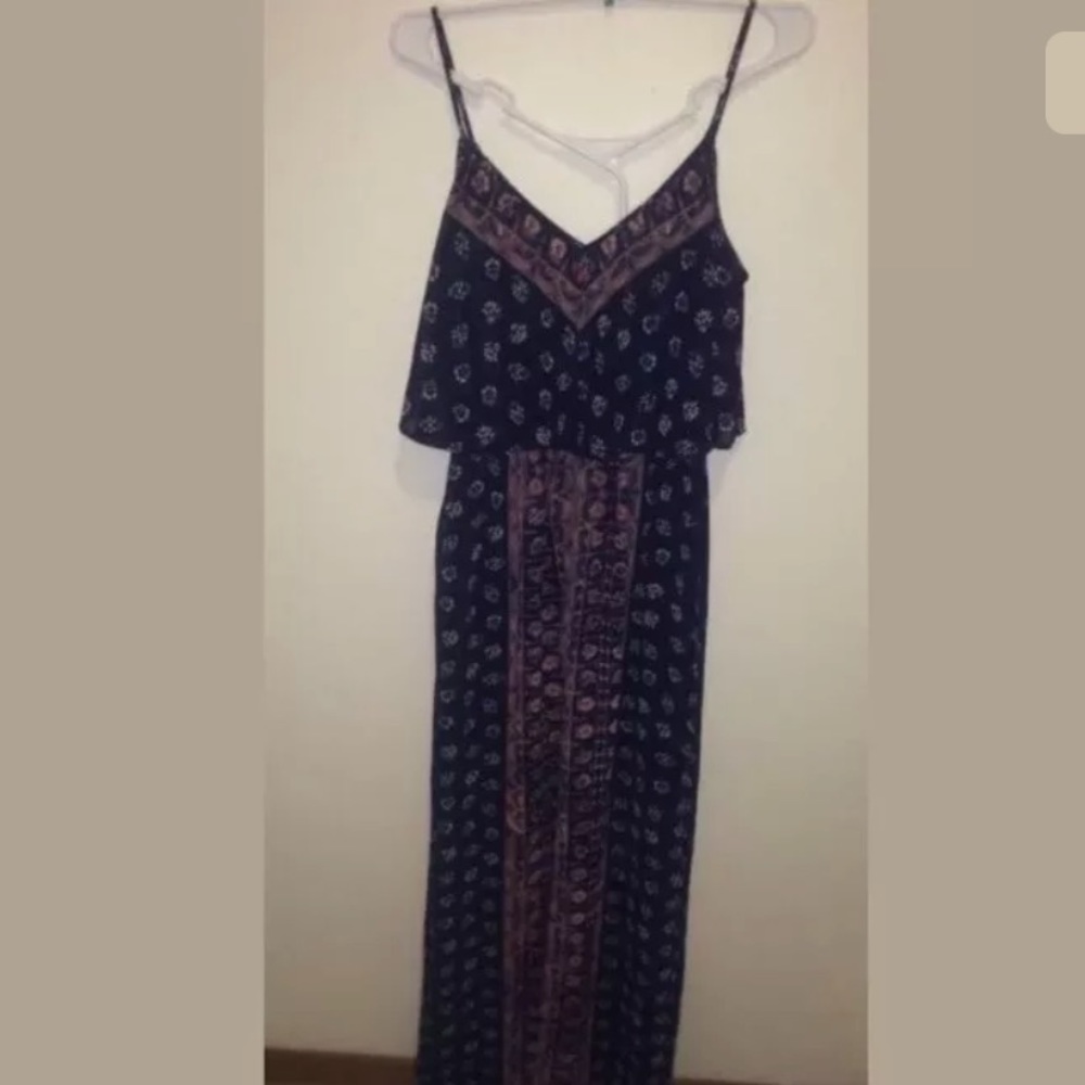 Full length spaghetti strap lined dress navy pink